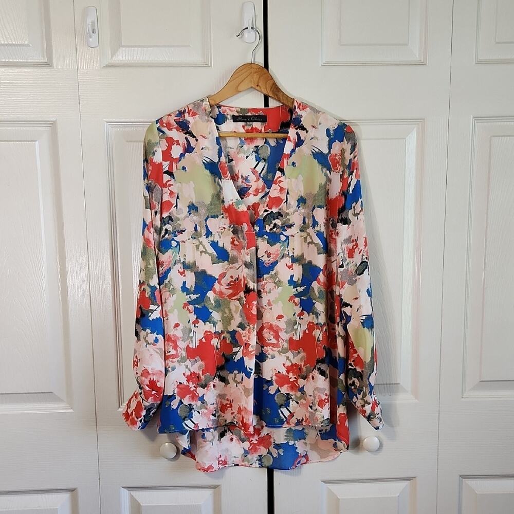 Rose & Olive‎ Multi-Colored Blouse Size Med Floral Water Color Hi-Low Office